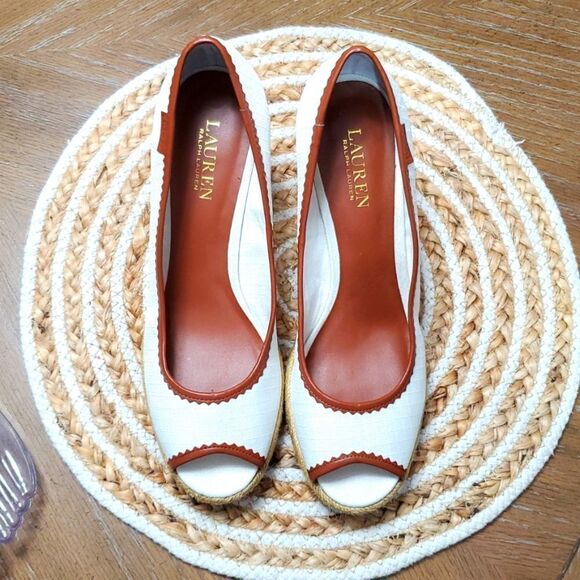 Lauren by Ralph Lauren Nella Espadrille Wedge Sandals White/Tan 9.5B - Picture 3 of 10